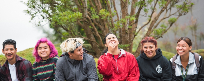 Group of students under a tree laughing